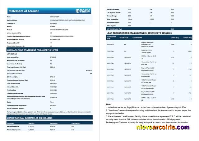 India Bajaj Finserv statement of account Word and PDF, 2 pages
